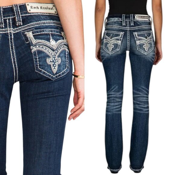 ROCK REVIVAL  SOPHIA BOOT‎ CUT DARK WASH FLEUR RHINESTONE JEANS SZ. 25" EUC - Picture 6 of 6